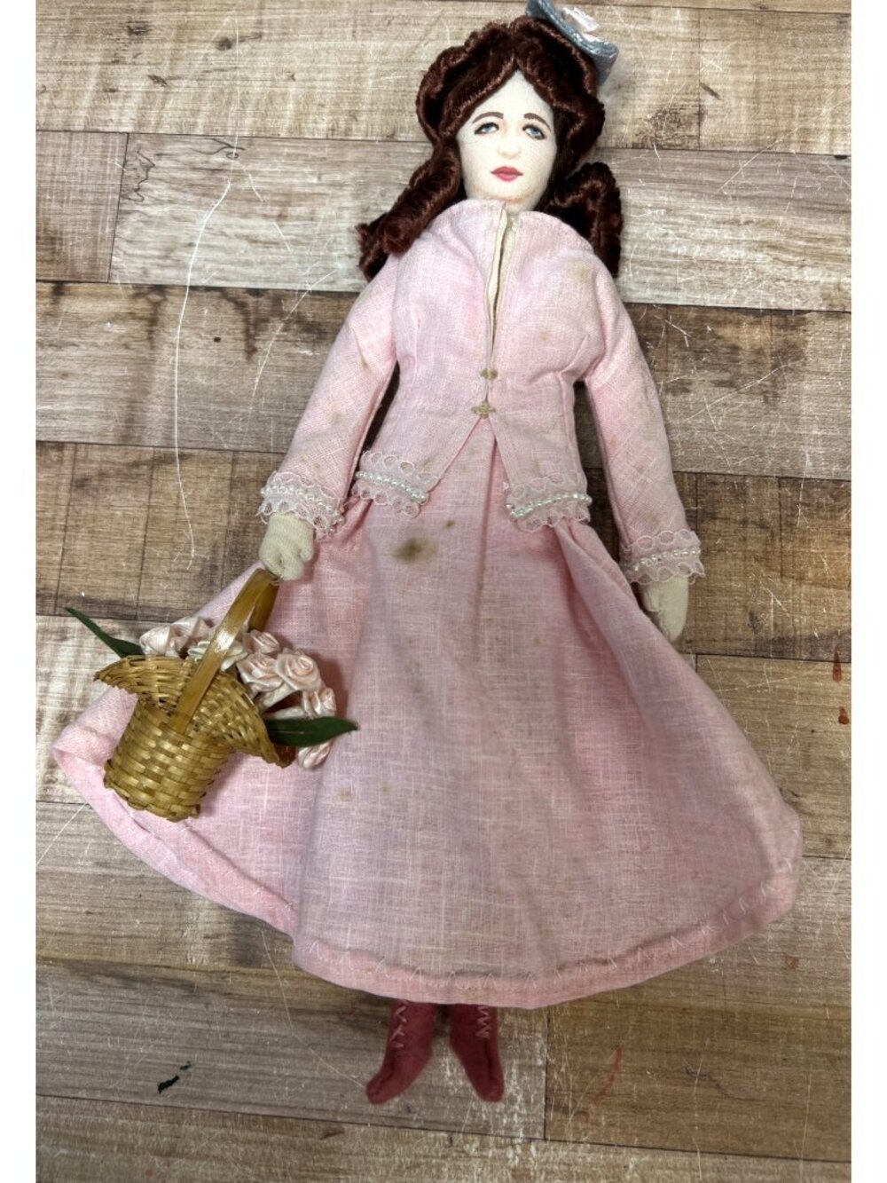 Handcrafted Victorian-Style Cloth Doll With Pink Dress Basket Of Flowers